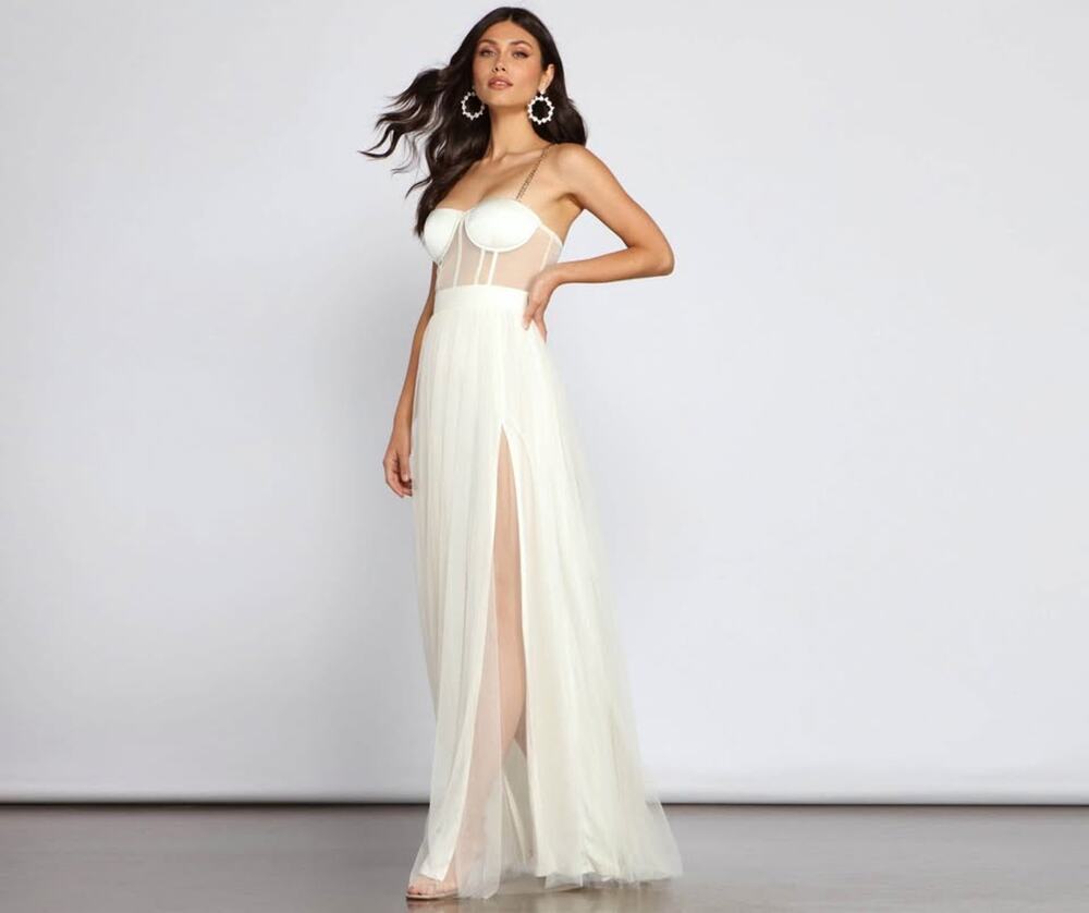 The Vintage Shop Ivory Gold Chain Mesh Tulle Bustier Corset Gown Dress